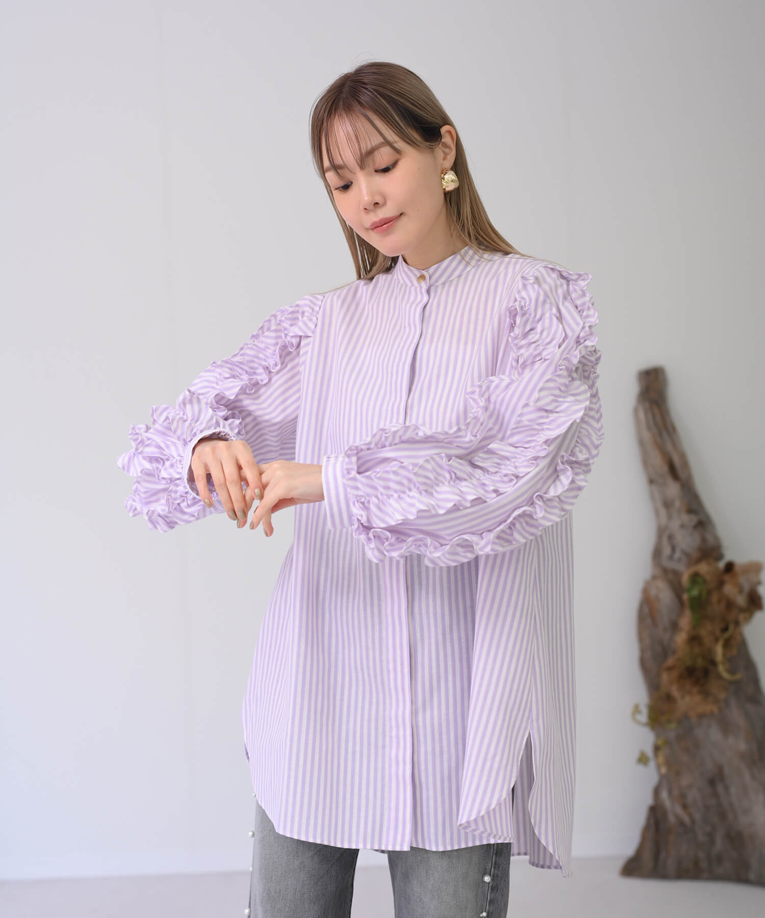 【Timesale】袖フリルチュニック丈ストライプブラウス