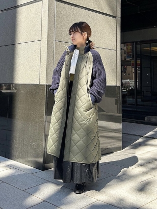 quilted knit docking long rib stand collar coat
