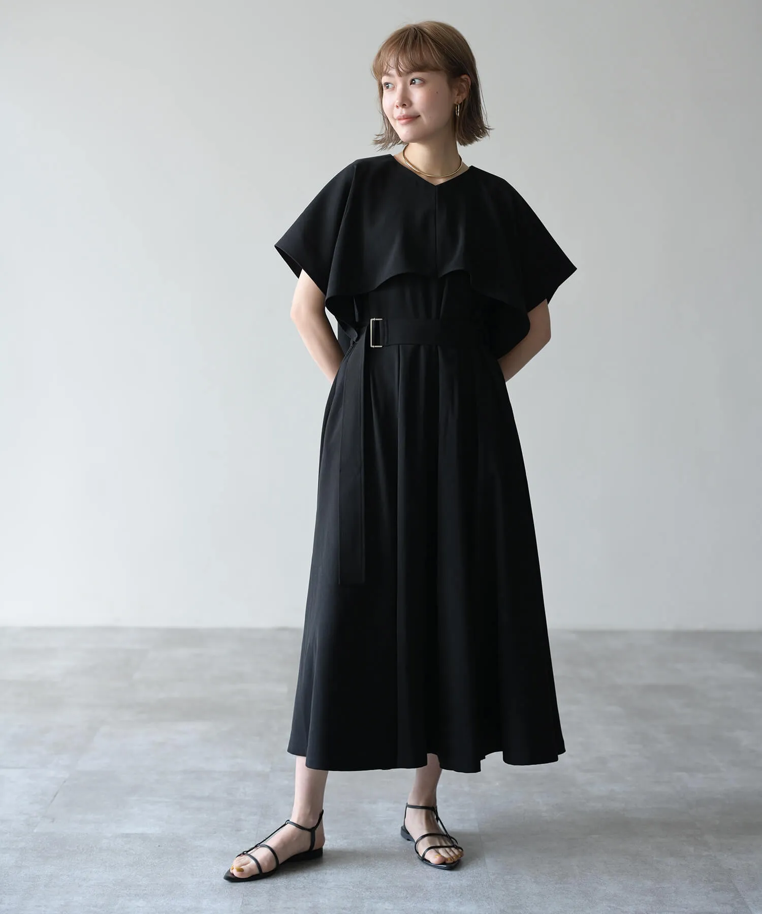 Collaboration】Cape big collar tack flare one piece dress