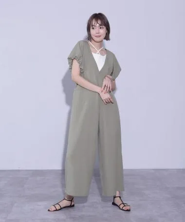 HERENCIA / V-neck short balloon sleeve pant dress