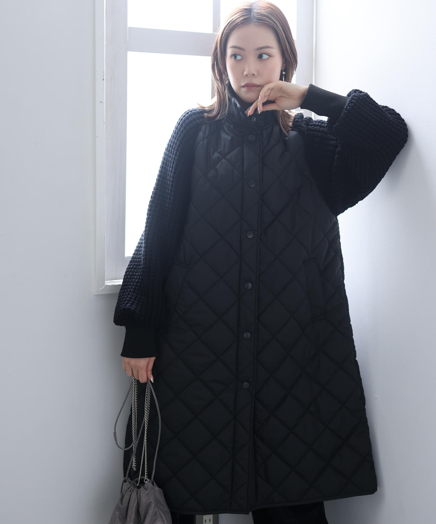 quilted knit docking long rib stand collar coat | HERENCIA ...