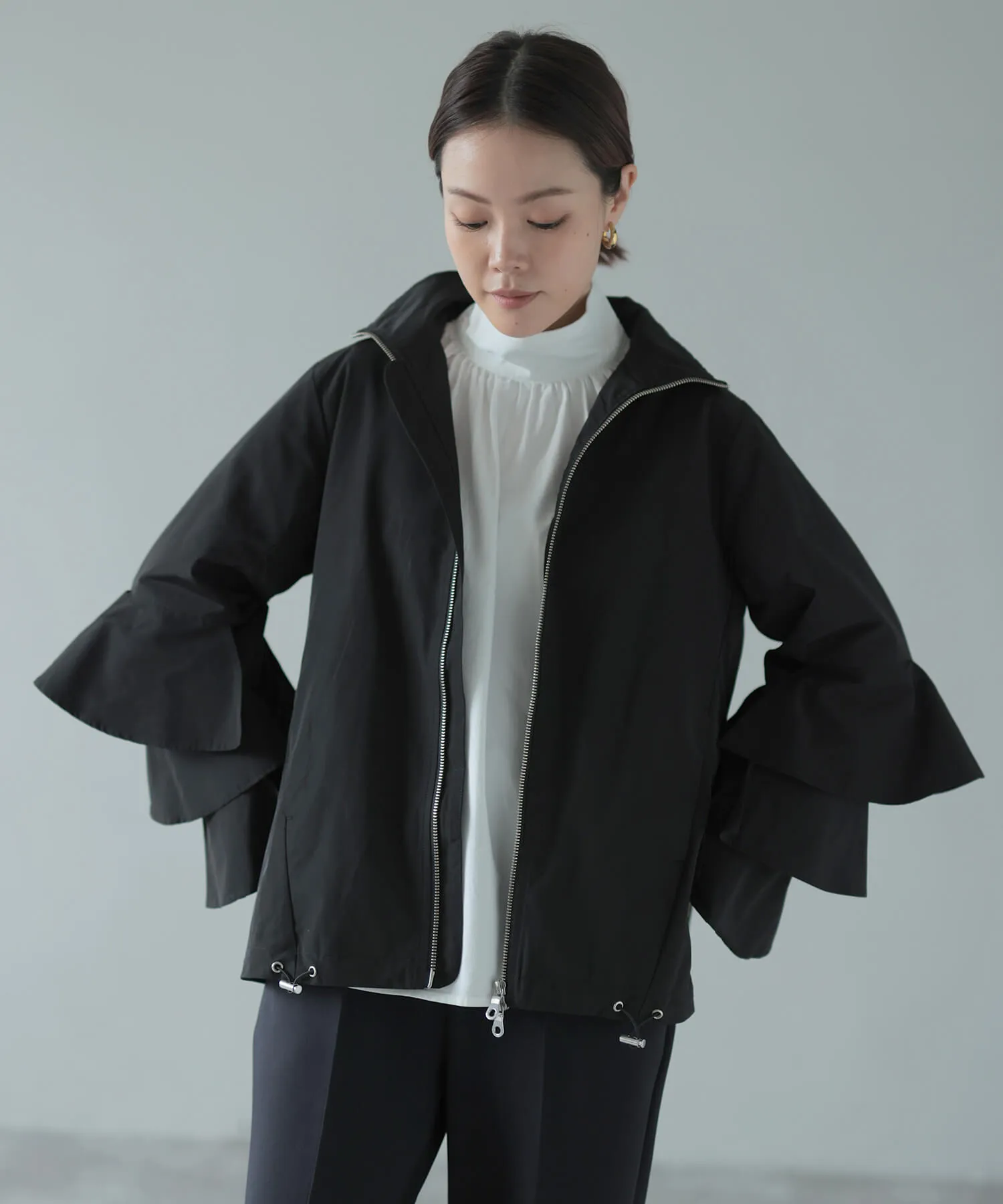 Special price!!】flare sleeve frill stand collar blouson