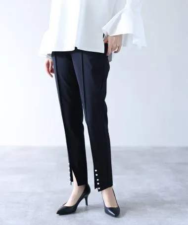 HERENCIA / Pearl button hem slit stretch tapered pants