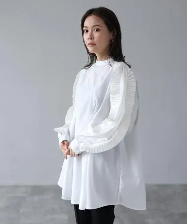HERENCIA / band collar pleated sleeve blouse