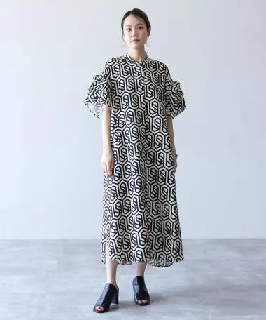 HERENCIA / geometric pattern 2WAY frill sleeve shirt dress