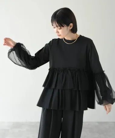 HERENCIA / Tulle docking gathered tunic cut and sew