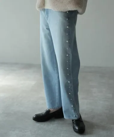 HERENCIA / Side pearl straight denim pants